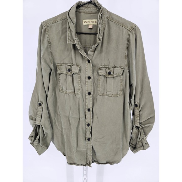 Knox Rose Tops - Knox Rose Womens Sz M Tab Sleeve Button Up Blouse Army Green Long Sleeve